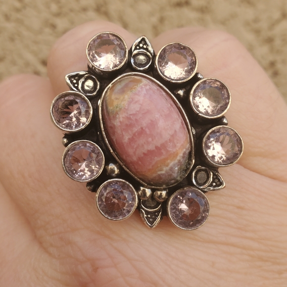 New Oversized Rhodochrosite & Kunzite 925 Silver Statement Ring. - Picture 5 of 14